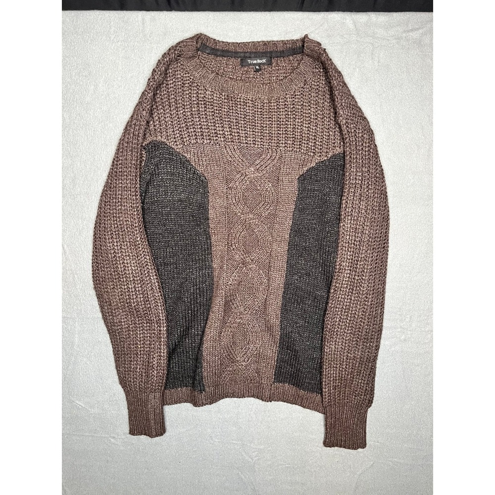 True‎ Rock Mens Colorblock Knit Sweater Brown Charcoal Grey Crew Neck Pullover